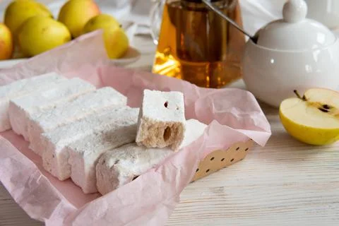 Traditional marshmallows on a plate on the kitchen table Stock Photos