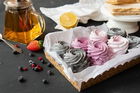 Traditional marshmallows on a plate on the kitchen table Stock Photos