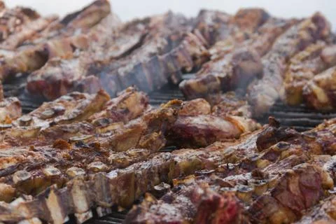 Traditional meat grilled on the grill in the Argentine countryside Stock Photos