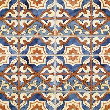 Traditional Mediterranean Ceramic Tile Pattern Background with Blue Stock Photos