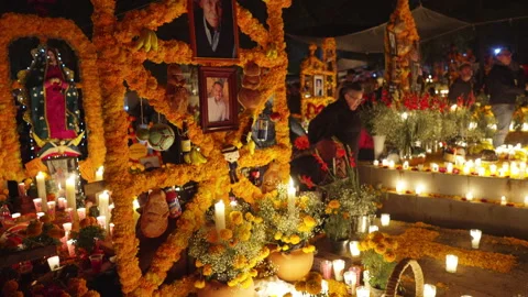 Traditional Mexican altars during Day of the Dead in Tzintzuntzan Michoacan Stock Footage 344346149
