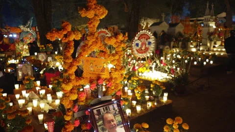 Traditional Mexican altars during Day of the Dead in Tzintzuntzan Michoacan Stock Footage 344346349
