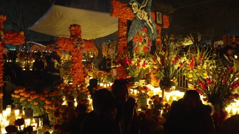 Traditional Mexican altars during Day of the Dead in Tzintzuntzan Michoacan Stock Footage 344346477