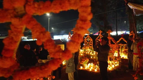 Traditional Mexican altars during Day of the Dead in Tzintzuntzan Michoacan Stock Footage 344346574