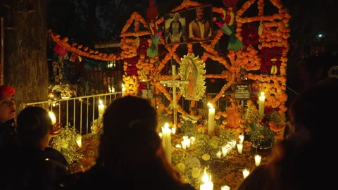 Traditional Mexican altars during Day of the Dead in Tzintzuntzan Michoacan Stock Footage 344346677