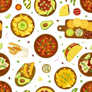 Traditional Mexican Dish Seamless Pattern Design with Food Vector Template Illustrazione stock