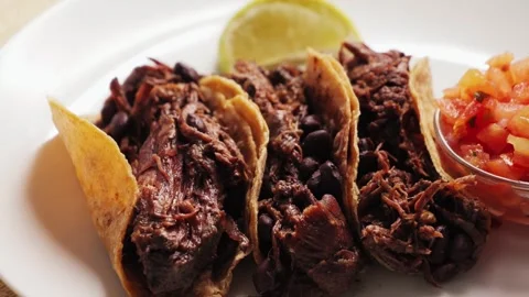 Traditional Mexican food tacos with pulled pork or beef, beans served with Stock Footage 304205802