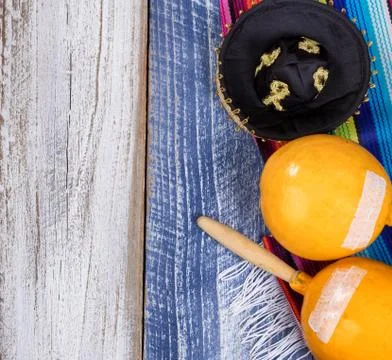 Traditional Mexican objects on rustic wood for Cinco de Mayo holiday Stock Photos