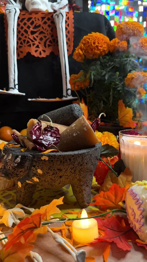 Traditional Mexican offering with elements such as sugar skulls, autumn leaves Video stock 294366656