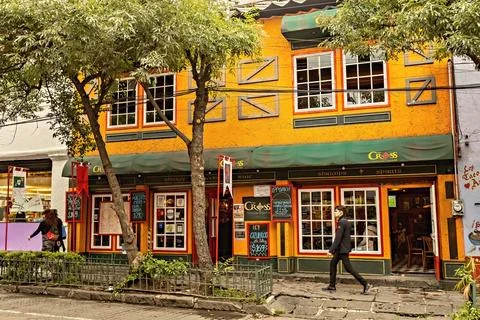 Traditional Mexican restaurant outside view, Coyoacan district, Mexico Stock Photos