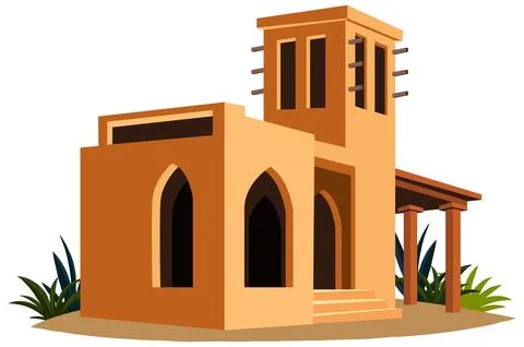 Traditional Middle Eastern Adobe Building with Wind Tower and Arched Windows Stock Illustration