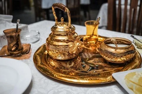 Traditional Middle Eastern Authentic arab tea set, vintage glass cups with .. Stock Photos