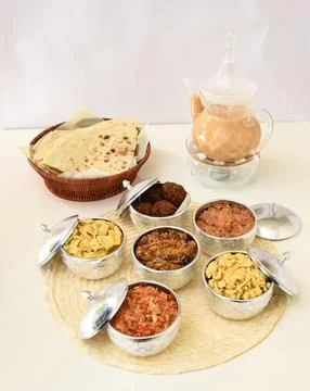 Traditional Middle Eastern Breakfast with Flatbread, Falafel, Assorted Dish.. Stock Photos