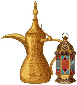 Traditional Middle Eastern Coffee Pot and Ornate Lantern Illustration Stockillustratie