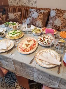 Traditional Middle Eastern dining table set with various dishes and decorat.. Stock Photos