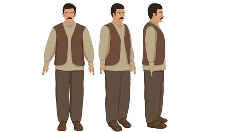 Traditional Middle Eastern man character in multiple side and back views Stock Illustration
