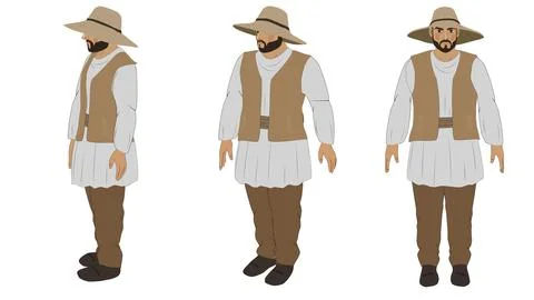 Traditional Middle Eastern men duo in hats vests and pants side by side Stock Illustration