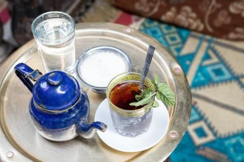 Traditional mint tea set on copper table, Cairo, Egypt Stock Photos
