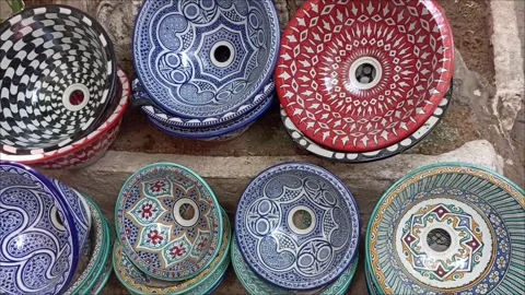 Traditional Moroccan Ceramic Plates Handmade in Fez Medina Stock Footage 334688653