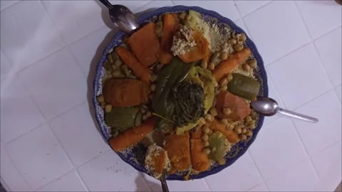 Traditional Moroccan Couscous Presentation - Final Serving Stage Video stock 333865960