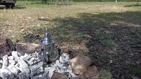 Traditional Moroccan Mint Tea Pot on Open Fire in Nature. Stock Footage 334580682