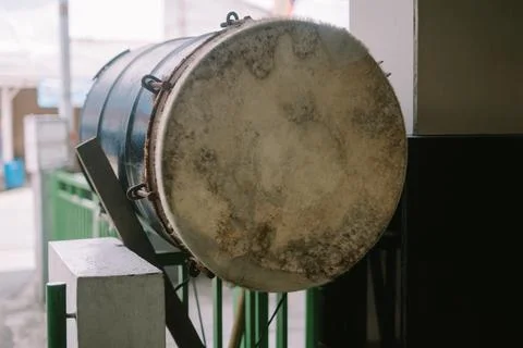A traditional mosque drum or bedug with intricate wooden craftsmanship Stock Photos
