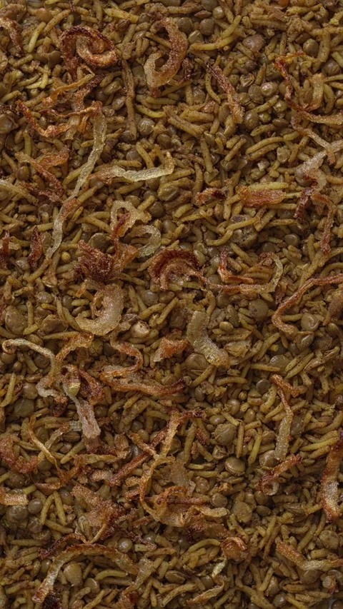 Traditional Mujadara dish background texture. Vertical video. Stock Footage 308482300