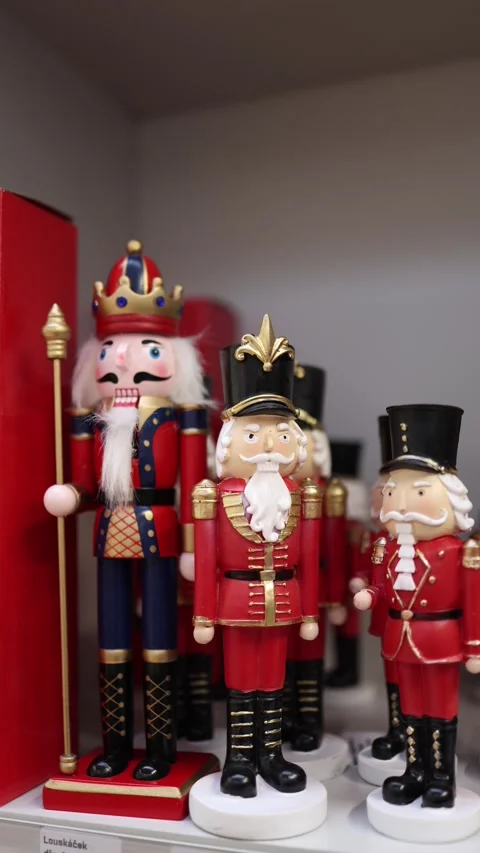 Traditional nutcracker figures on a store shelf for christmas Video stock 324760710