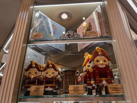 Traditional Nutcracker Figurines Displayed in Showcase Stock Photos