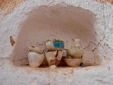 Traditional objects in a Berber kitchen, Sahara desert, Tunisia Stock Photos