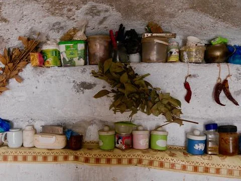 Traditional objects in a Berber kitchen, Sahara desert, Tunisia Stock Photos