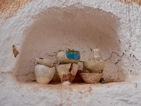 Traditional objects in a Berber kitchen, Sahara desert, Tunisia Stock Photos