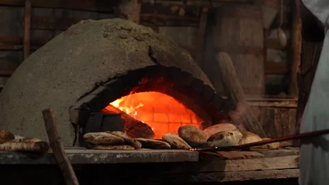 Traditional Old Bread Oven Scene in Bethlehem Staging: Baker Feeds People Stock Footage 325507900
