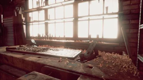 Traditional old carpenter workshop interior Stock Illustration