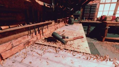 Traditional old carpenter workshop interior Stock Illustration