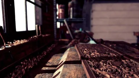 Traditional old carpenter workshop interior Stock Illustration