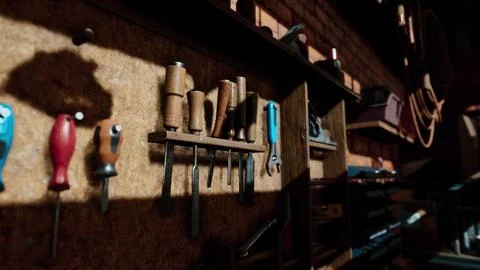 Traditional old carpenter workshop interior Stock Illustration