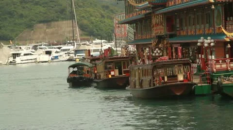 Traditional Old Chinese Style Boat Restaurant Stock Footage