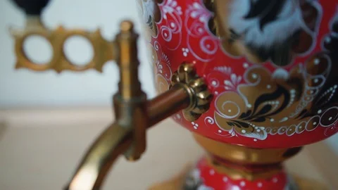 Traditional old fashioned samovar in kitchen, slowmotion shot Stock Footage 89176199