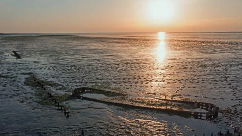 Traditional old flat bottom praam boat in the coastal waters of Europe. Video stock 330171948