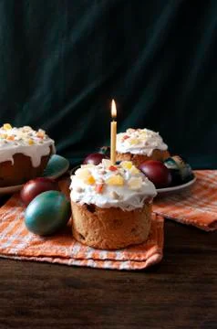 Traditional Orthodox Easter bread the kulich, russian food, religion, painted Stock Photos