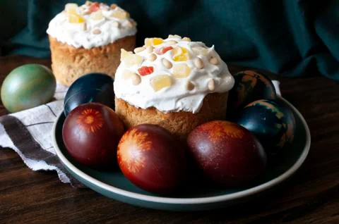 Traditional Orthodox Easter bread the kulich, food, religion, painted eggs, c Stock Photos