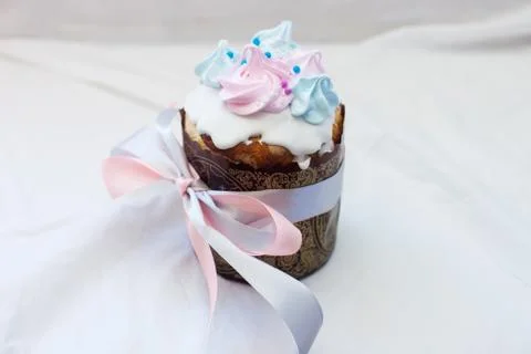 Traditional orthodox easter cake kulich with festive blue and pink decoration Stock Photos