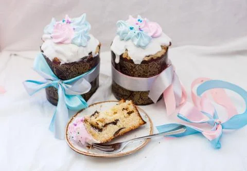 Traditional orthodox easter cake kulich with festive blue and pink decoration Stock Photos