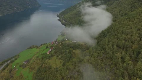 Traditional Otternes farm cluster from above on misty day. Stock Footage 321004053