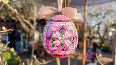 Traditional painted Easter egg with white ribbon hanging on budding tree br.. Фото