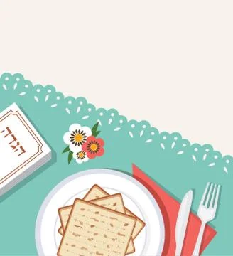 Traditional passover table for Passover dinner with passover plate and Hagaddah Stock Illustration