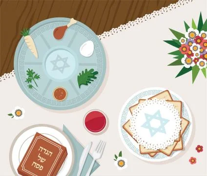 Traditional passover table for Passover dinner with passover plate and Hagaddah Stock Illustration