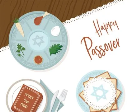 Traditional passover table for Passover dinner with passover plate and Hagaddah Stock Illustration