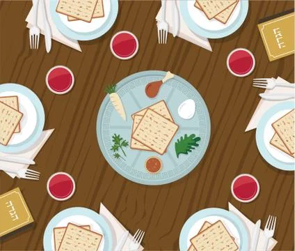 Traditional passover table with passover plate and Haggadah book Stock Illustration